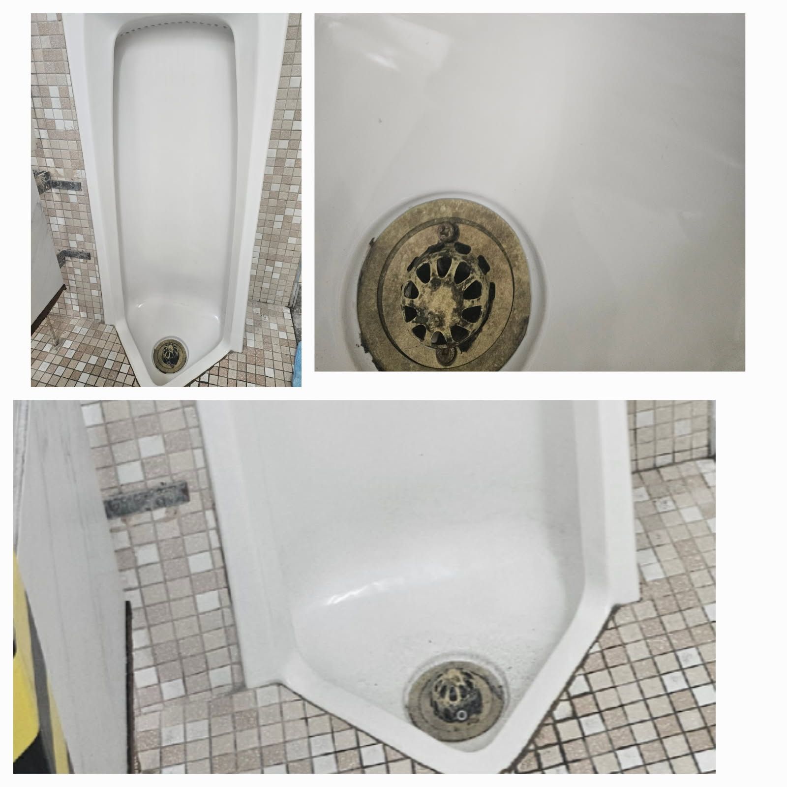 Urinal with a dirty drain in a public restroom with tiled walls.