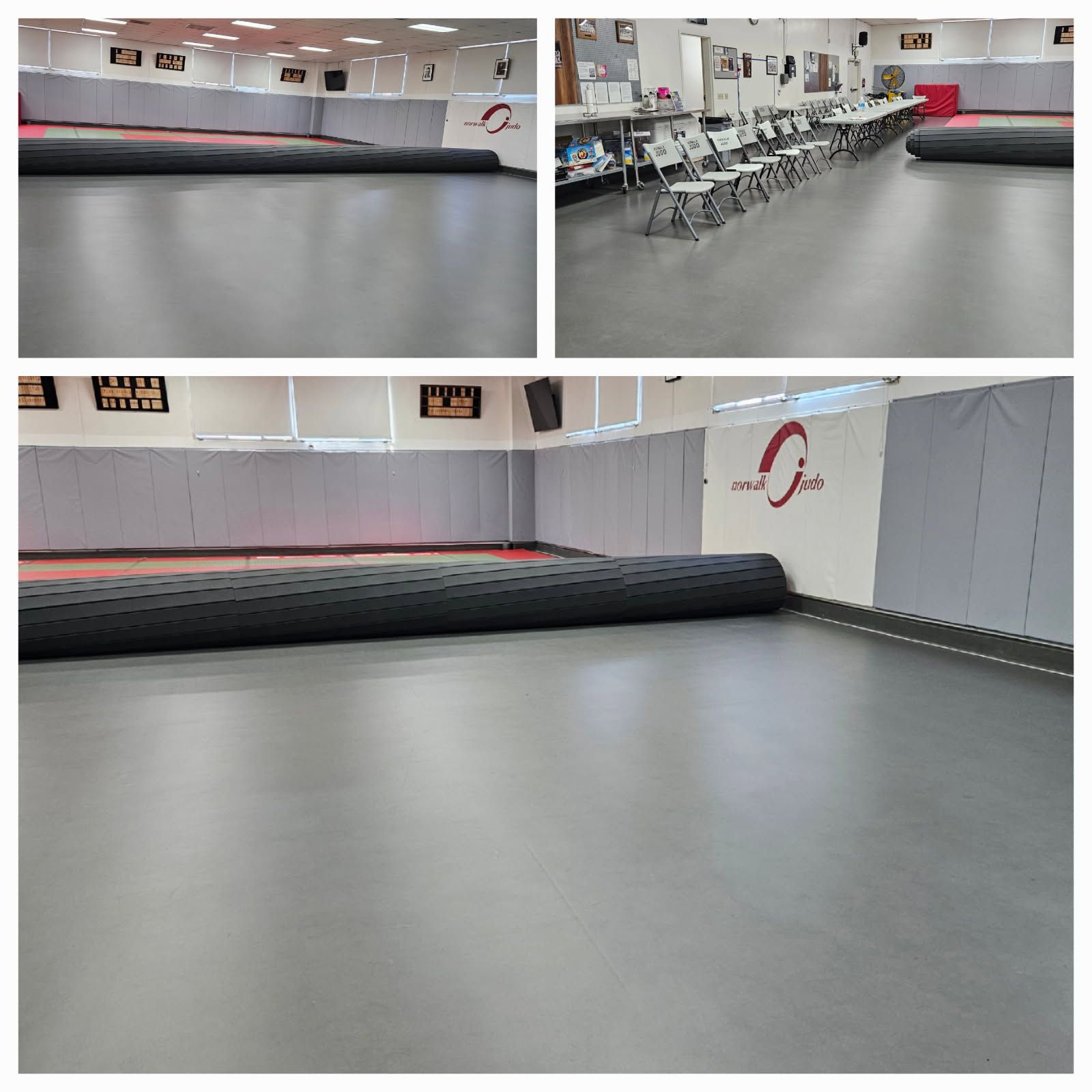 Three views of a gym. A rolled-up mat sits on a gray floor. White walls surround the space.