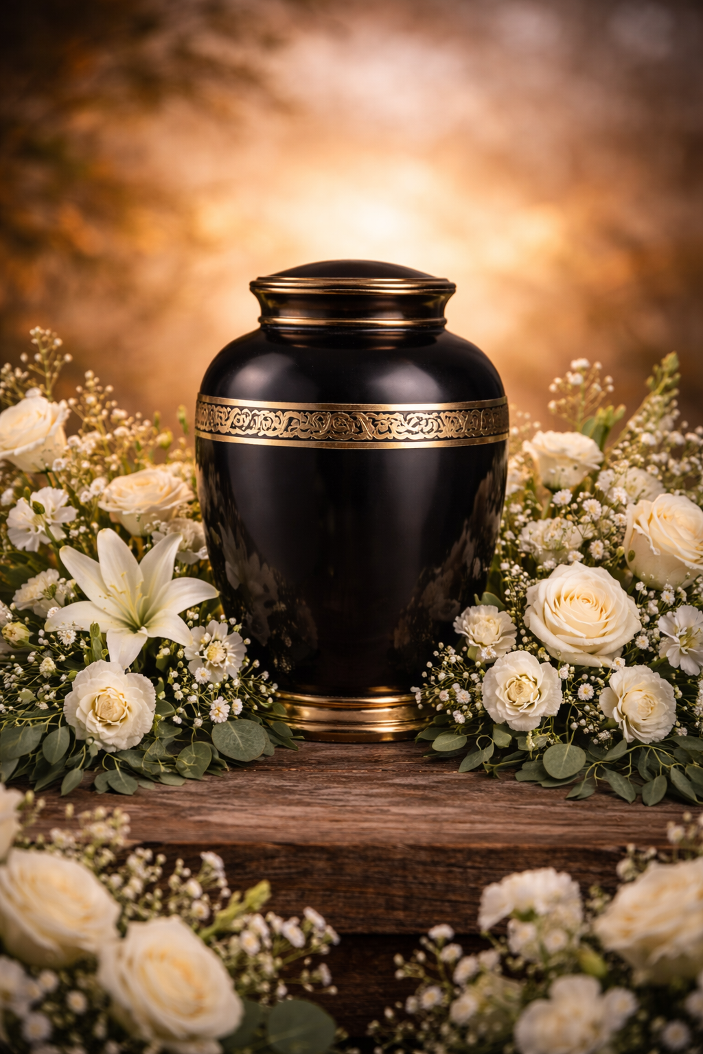 A group of people are standing around a wooden urn surrounded by red roses at a funeral.
