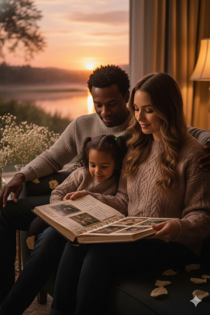 A man and a woman are sitting on a couch looking at a photo album.