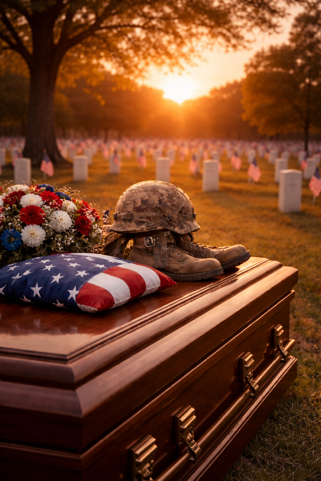 A woman is putting her hand on an American flag at a funeral.