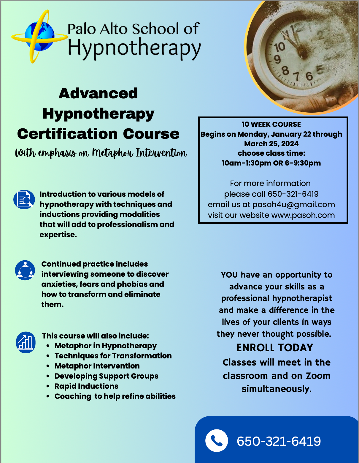 The palo alto school of hypnotherapy is offering an advanced hypnotherapy certification course.