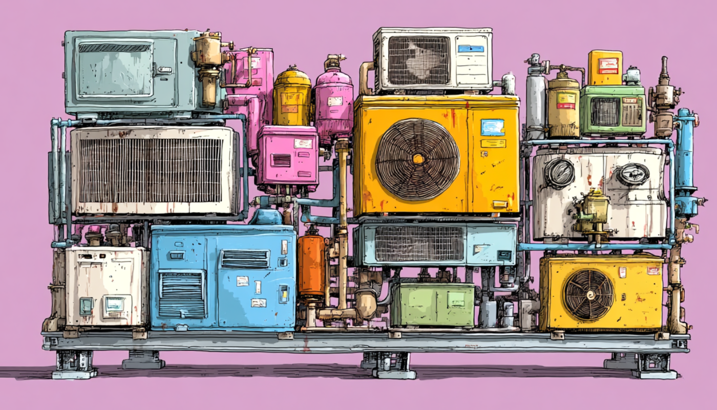 Stacked colorful industrial machines and vents arranged on a platform against a pink background