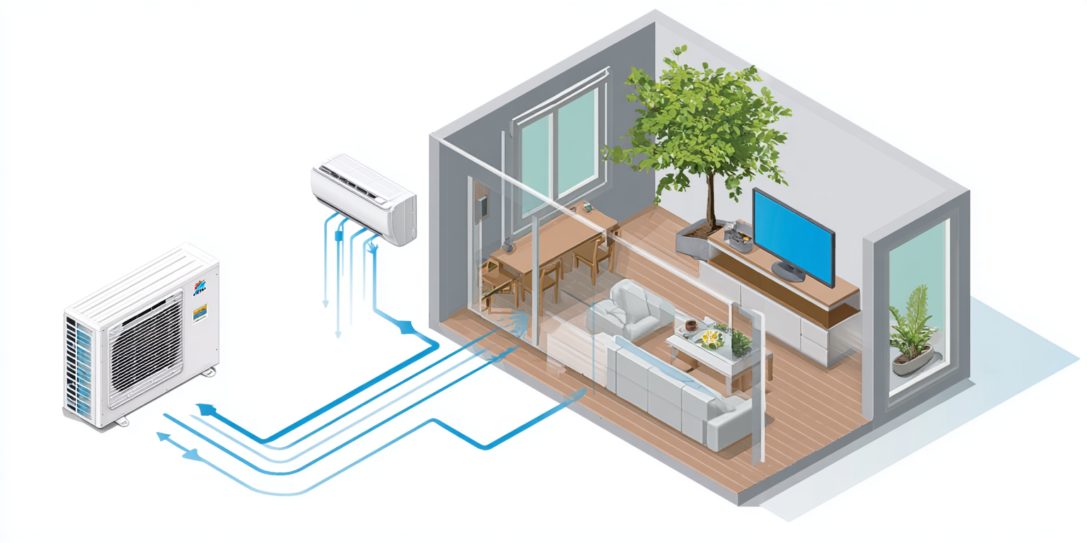 Smart home HVAC system showing air conditioner, ducts, and cooling airflow through a living room