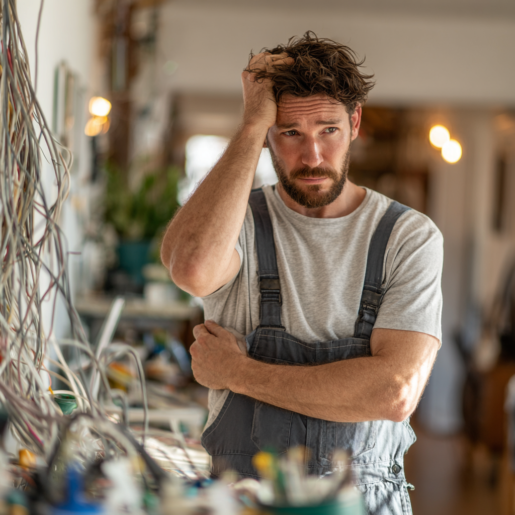 Frustrated man in gray shirt and overalls holding his head in a workshop