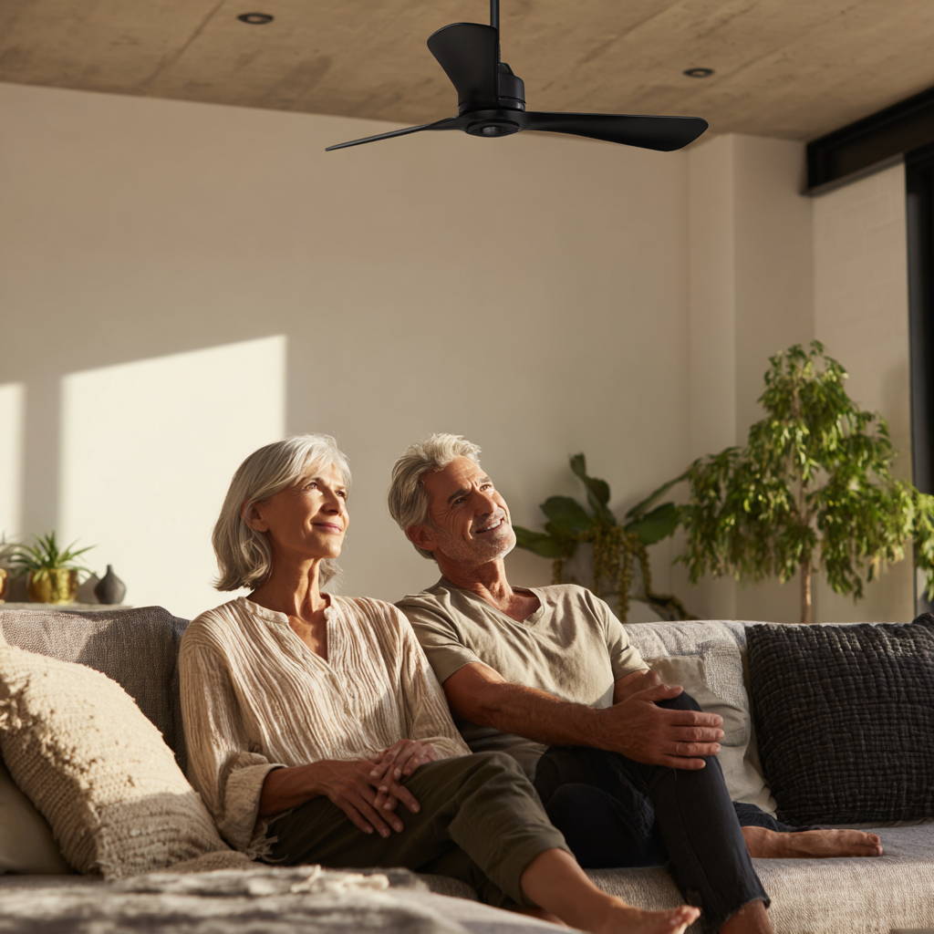 Couple on a sofa looking up at a ceiling fan. Natural light, neutral tones, modern interior.