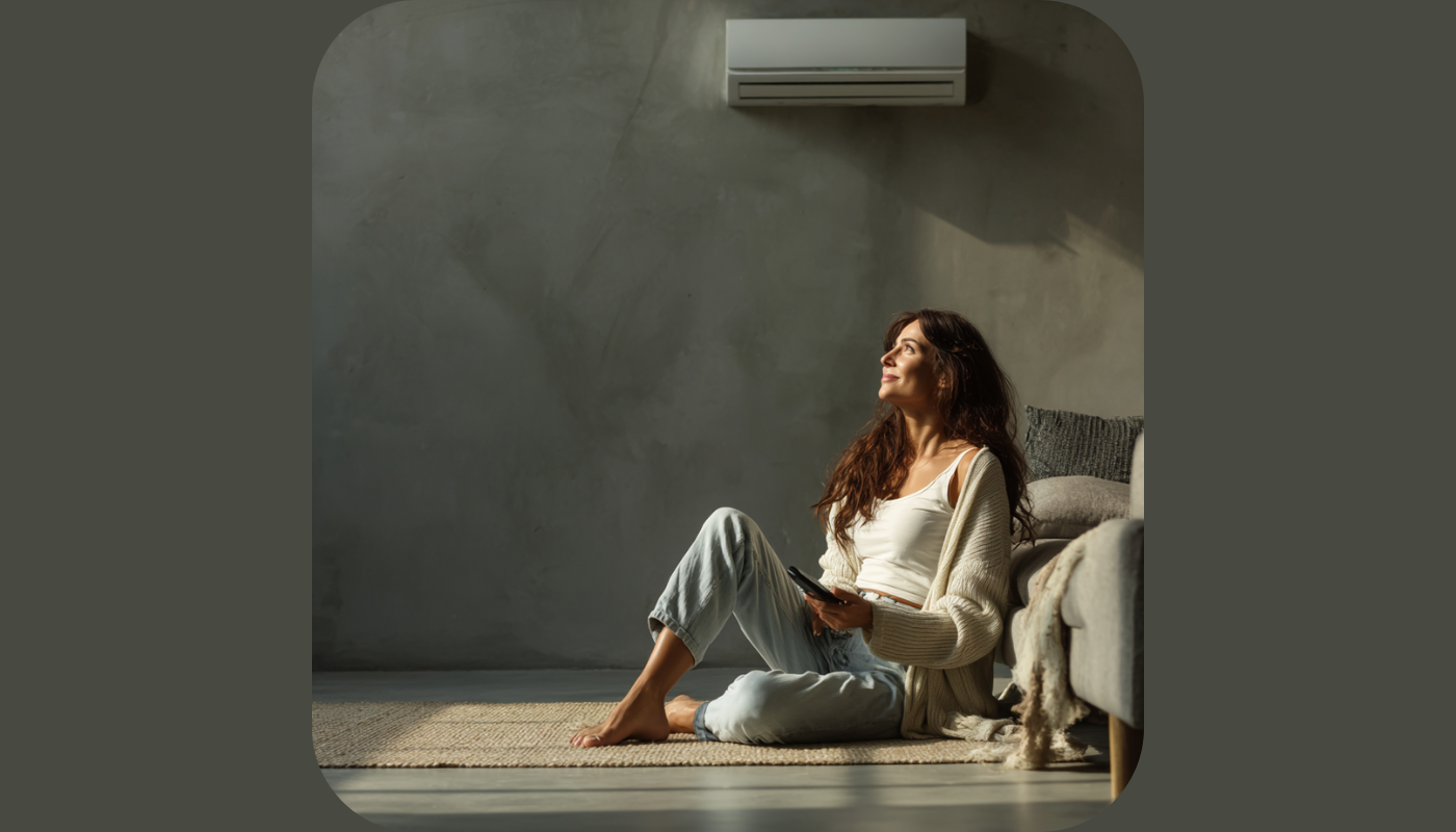 Person sitting on the floor in a sunlit room, leaning against a couch beneath a wall-mounted air conditioner.