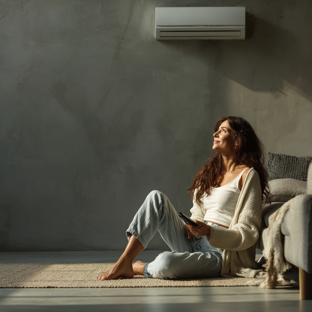 Woman sitting on rug, looking up at air conditioner; holding remote.