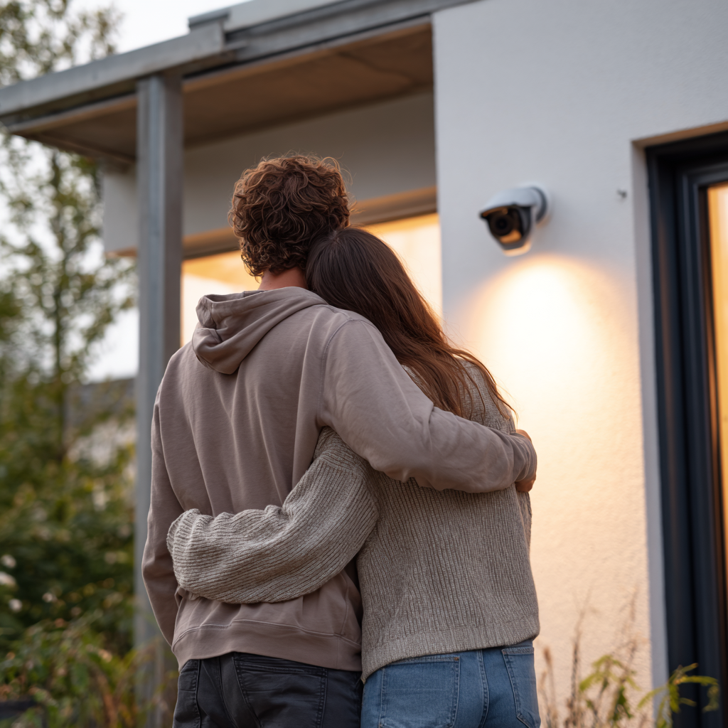 Couple embracing in front of a modern house, looking up. Security camera and exterior light visible.