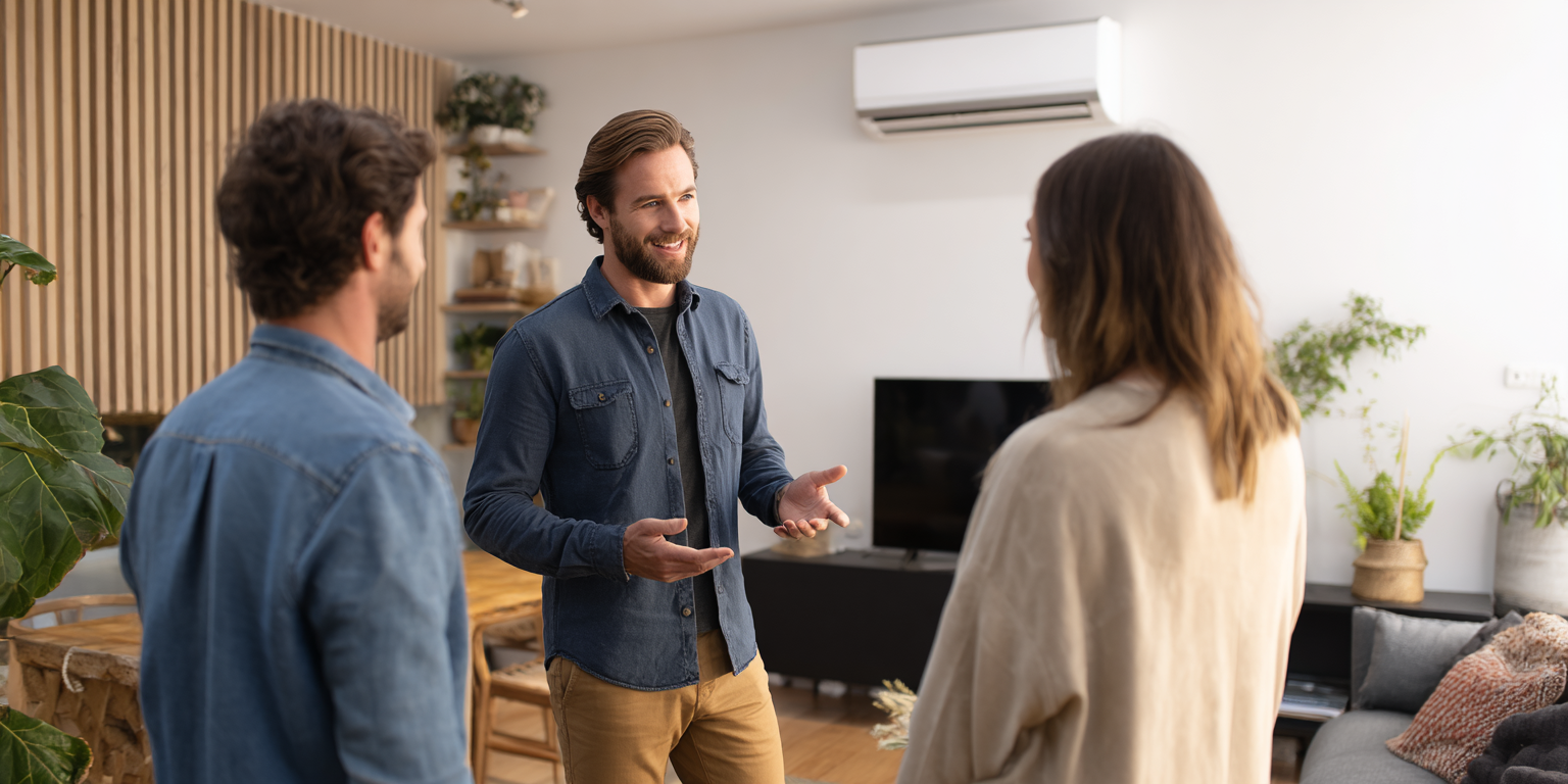 Three people talking in a bright living room with a TV, couch, plants, and a wall-mounted air conditioner.