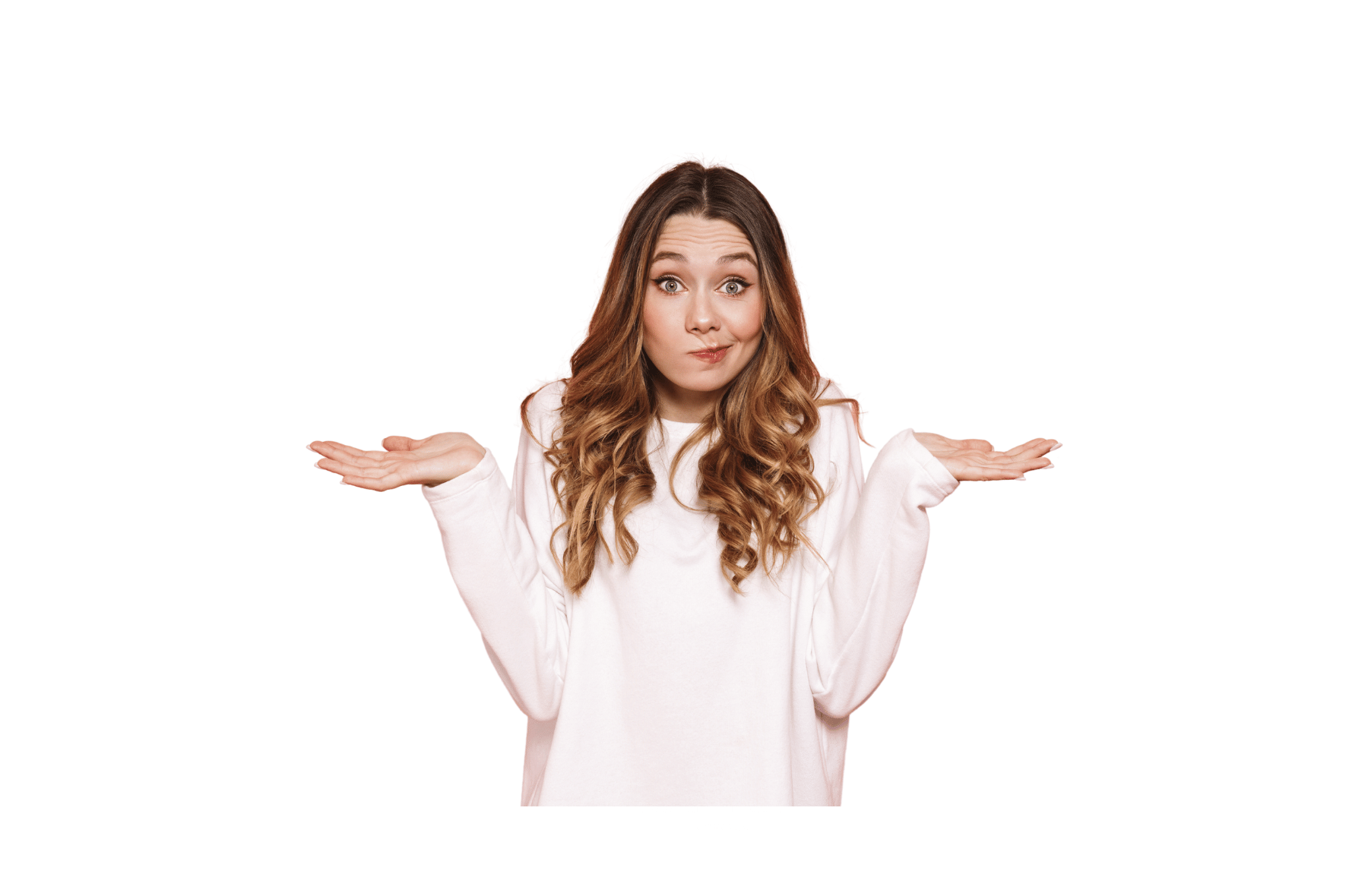 A woman in a white sweater is shrugging her shoulders.