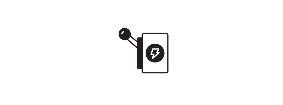 A black and white drawing of a switch with a lightning bolt on it.