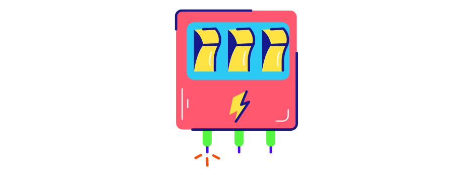 A cartoon illustration of a slot machine with a lightning bolt on it.