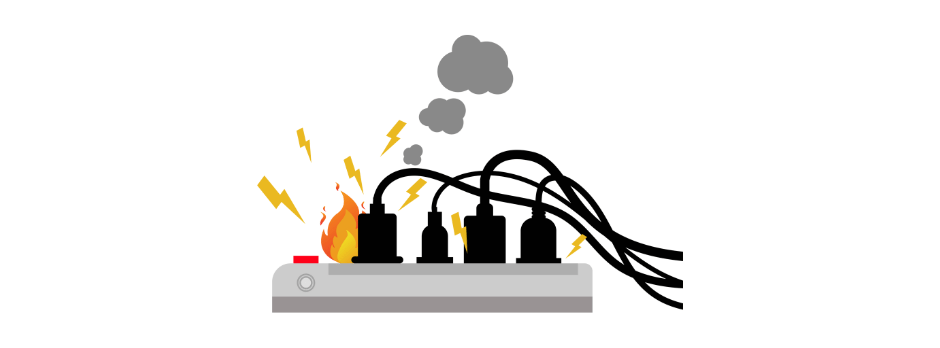 A power strip with smoke coming out of it and lightning bolts.