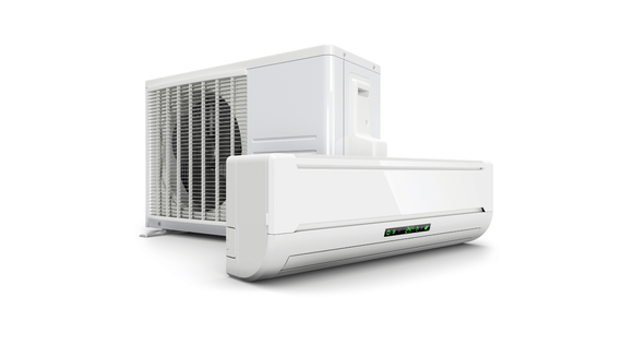 White split-system air conditioner, outdoor compressor unit behind the indoor wall unit.