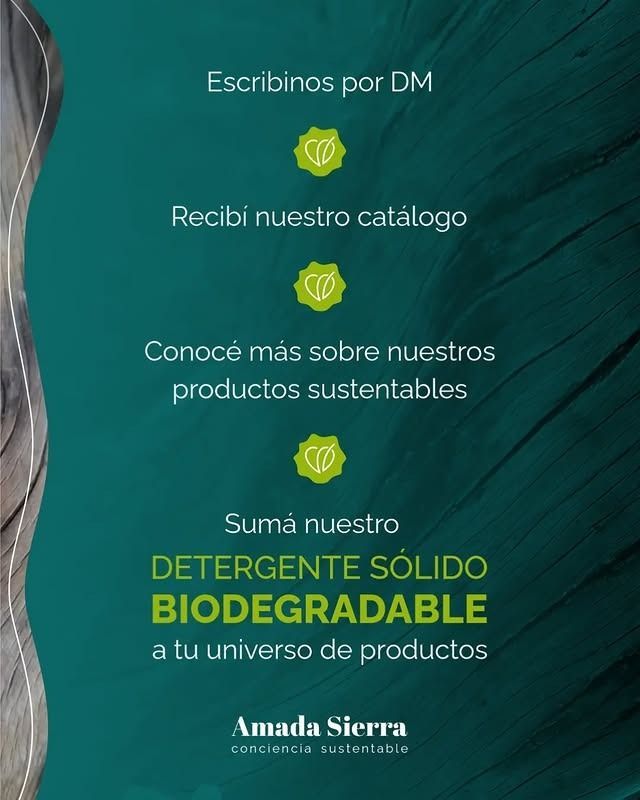 Anuncio de detergente biodegradable de Amada Sierra. Texto sobre fondo verde azulado