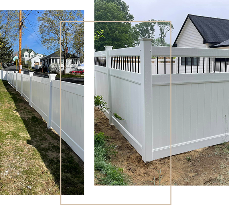 A white fence is sitting in front of a house.
