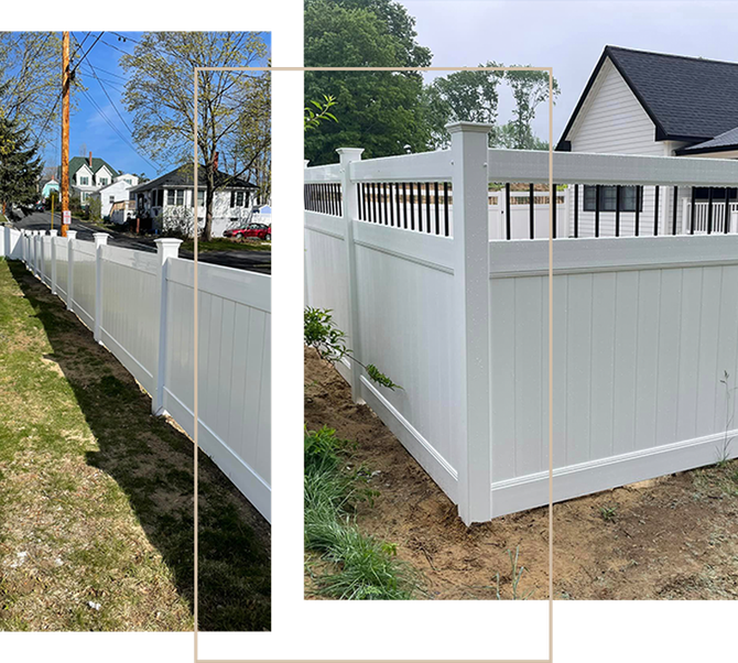 A white fence is sitting in front of a house.