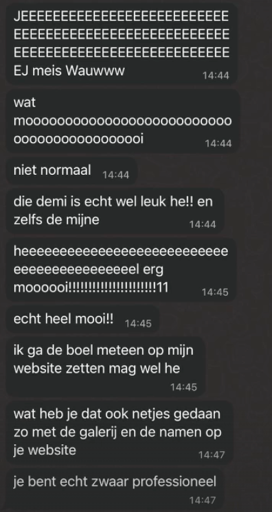 Tekstberichtgesprek waarin het werk aan een website wordt geprezen, met enthousiaste emoji's en positieve feedback.