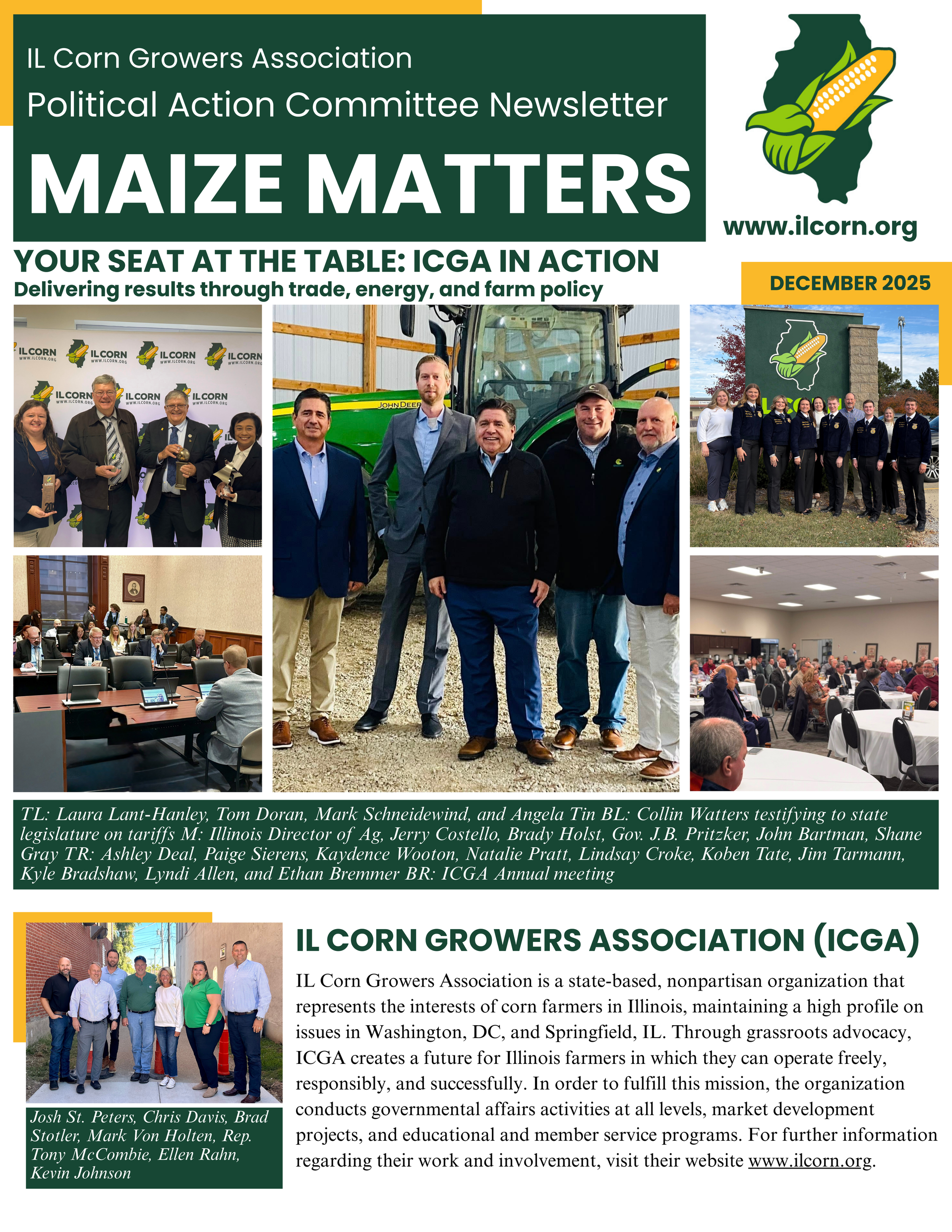 ICGA newsletter: "Maize Matters." Photos of people in meetings, with tractors, and an outdoor event.
