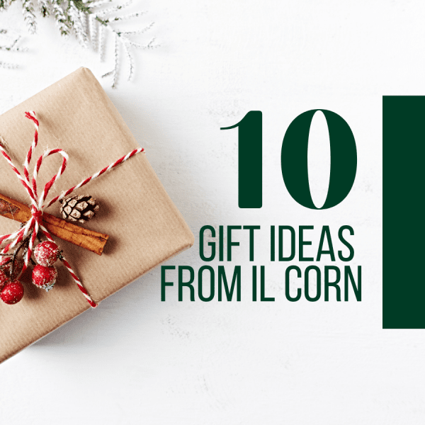A gift wrapped in brown paper with candy canes and pine cones and the words 10 gift ideas from il corn