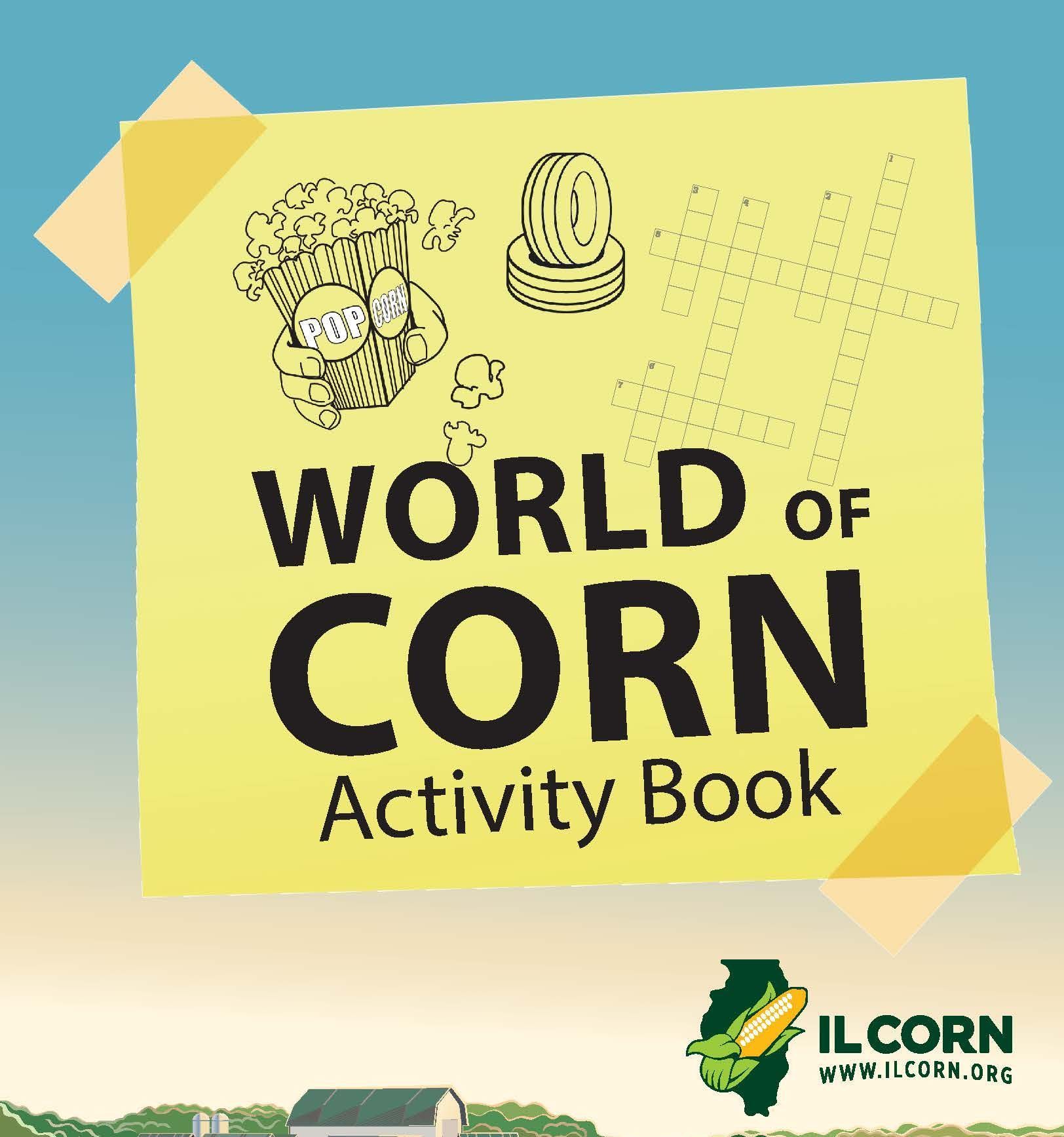 A yellow sticky note that says world of corn activity book