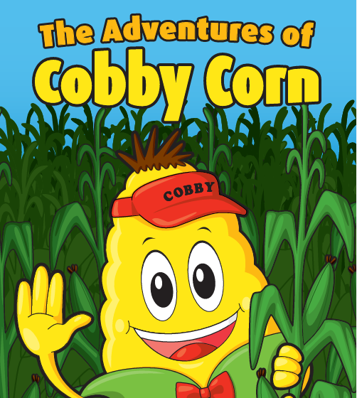 A cartoon of a corn wearing a hat that says cobby