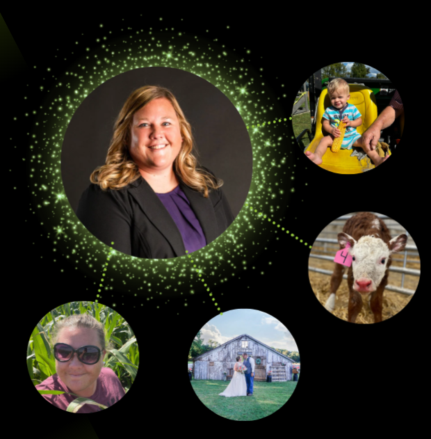 Woman's headshot surrounded by related images: child in a swing, a calf, a couple in front of a barn, and a woman in a cornfield.