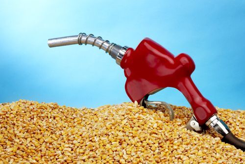 A red gas pump is sitting on top of a pile of corn