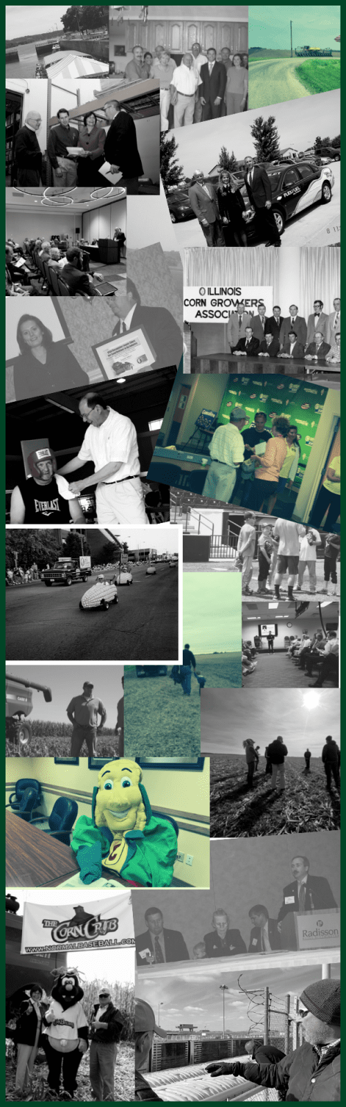 A collage of black and white photos of people and buildings.