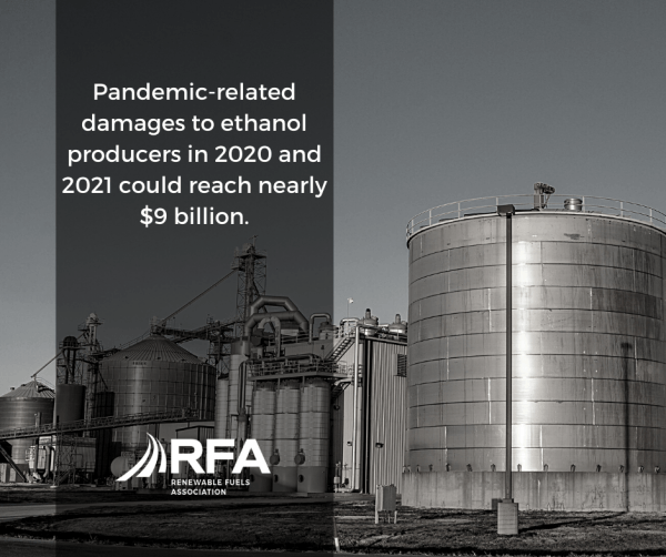 A black and white photo of a factory with the words pandemic-related damages to ethanol producers in 2020 and 2021
