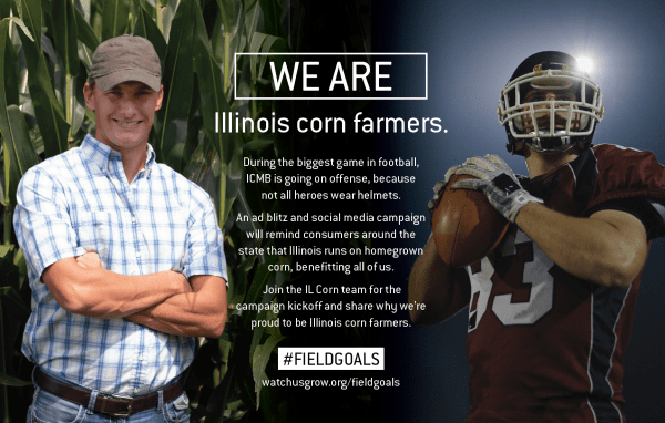 An ad for illinois corn farmers with a football player in the background