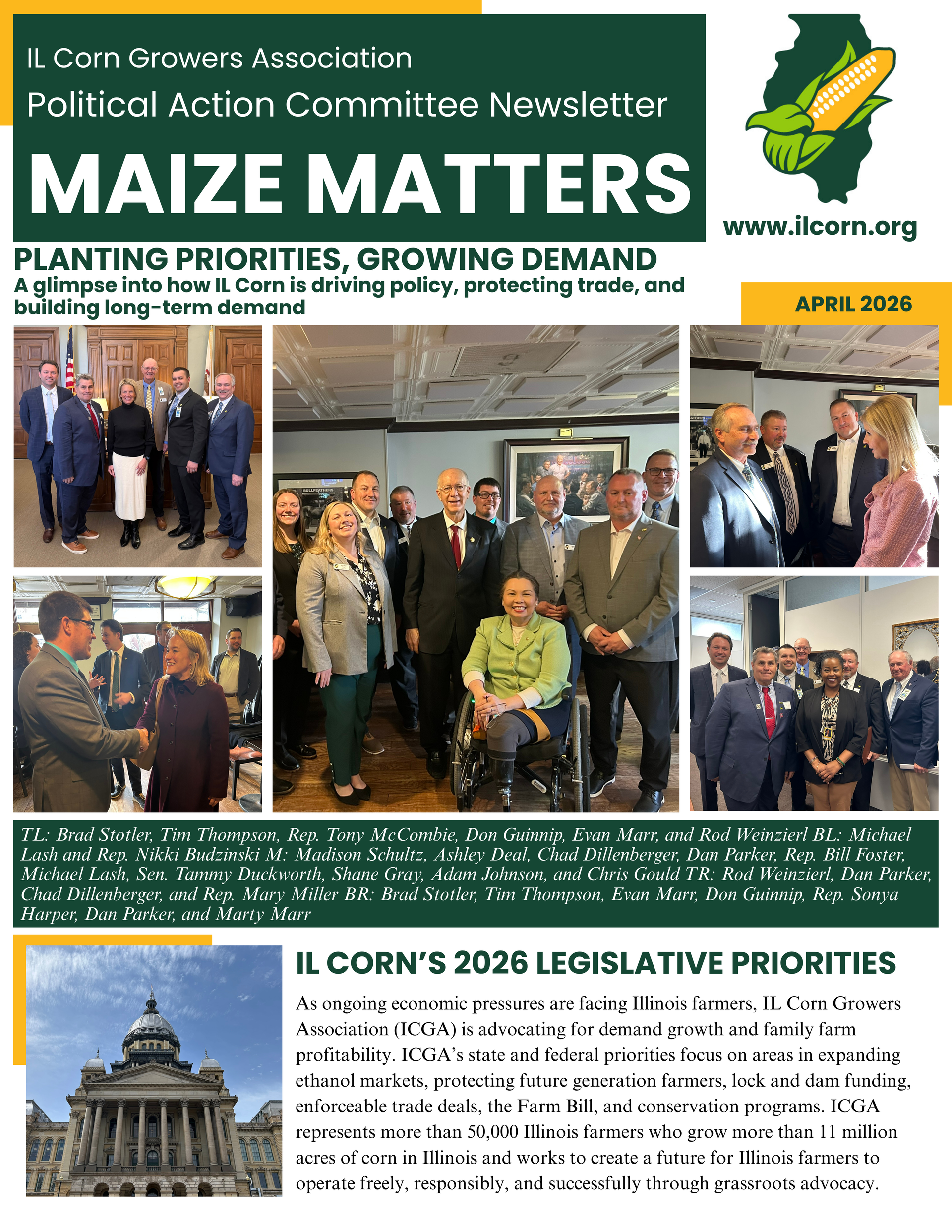 Maize Matters newsletter collage with farmers, officials, and capitol building; 2026 legislative priorities for corn.