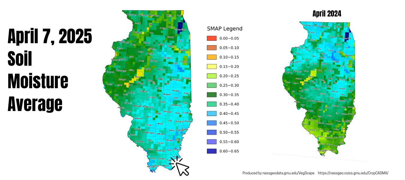 A map of illinois showing the soil moisture average for april 7 , 2025