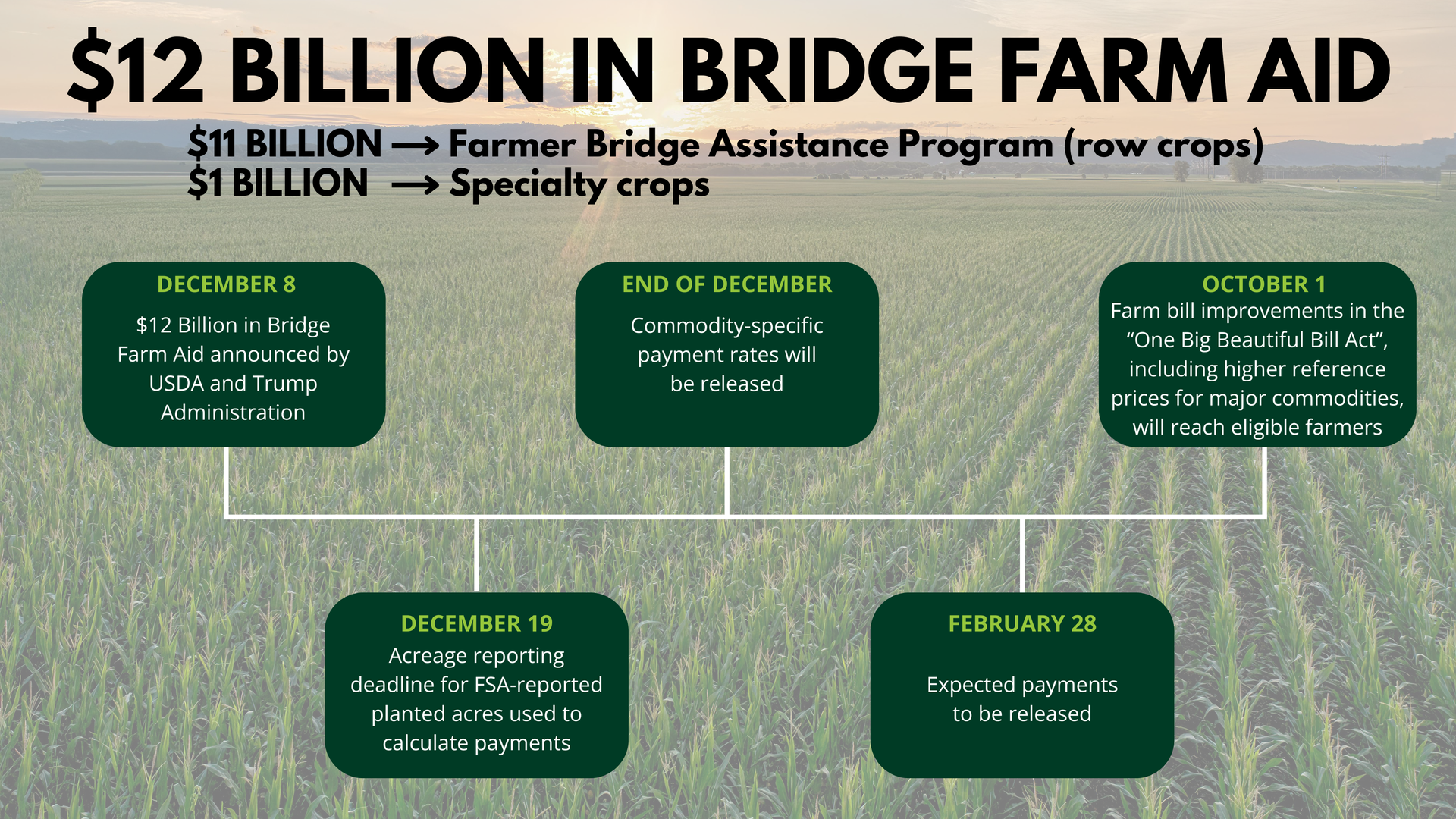 Graphic shows $12 billion in farm aid. $11B to row crops, $1B to specialty crops, with related program details.
