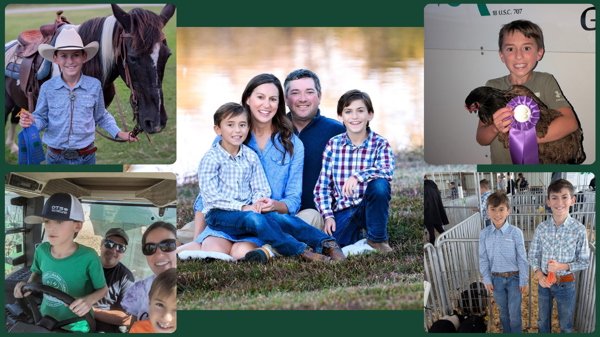 Family portrait with children, animals, and related activities, displayed in a collage.