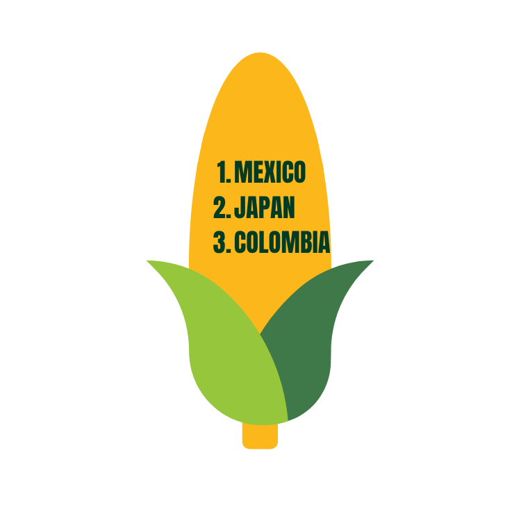 Corn graphic with a list of countries: 1. Mexico, 2. Japan, 3. Colombia.