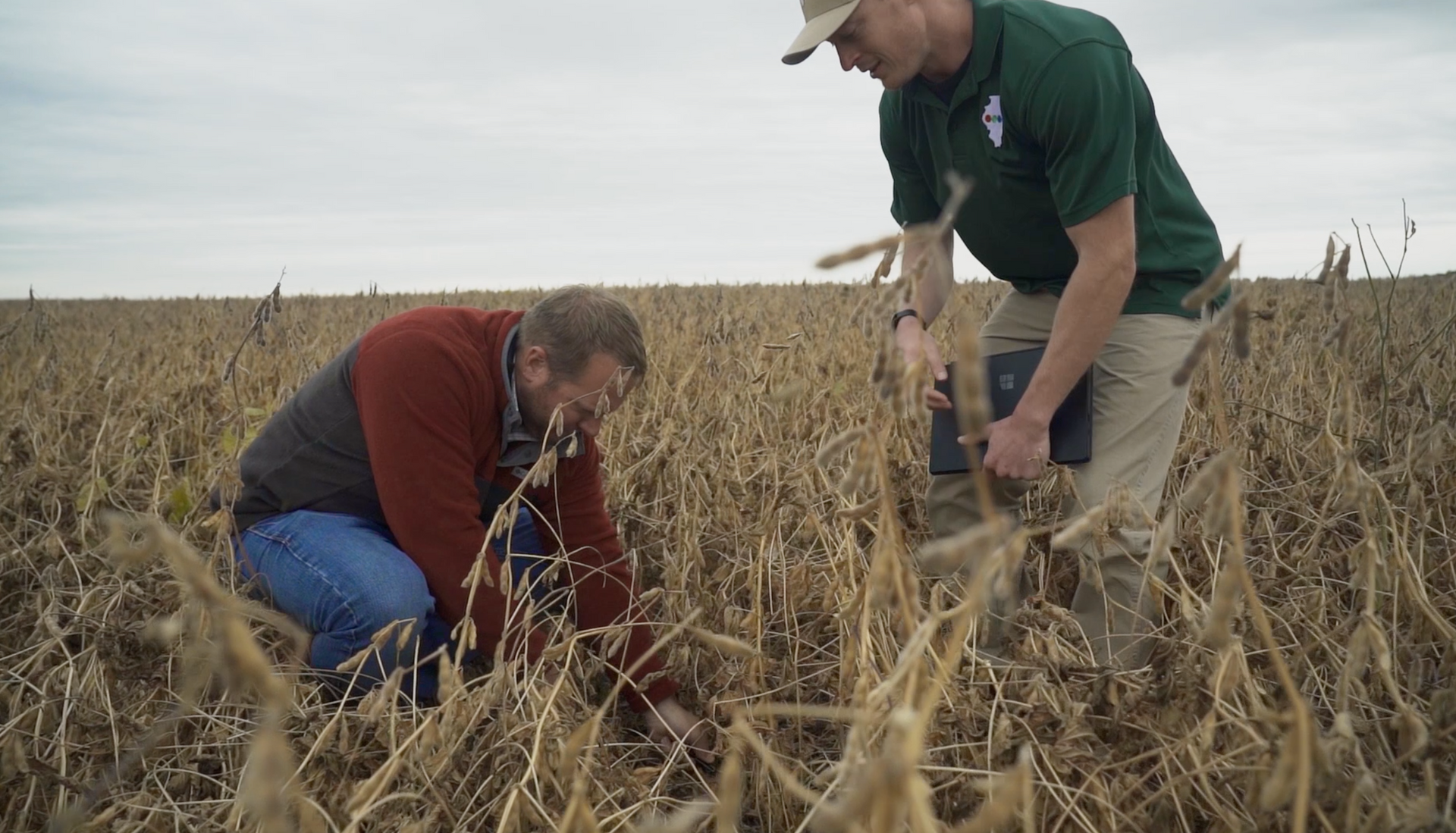 Two men in a field, one kneeling, examining crops. The other points at a tablet. Overcast.