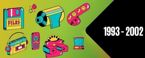 A cartoon illustration of various electronic devices from 1993 to 2002