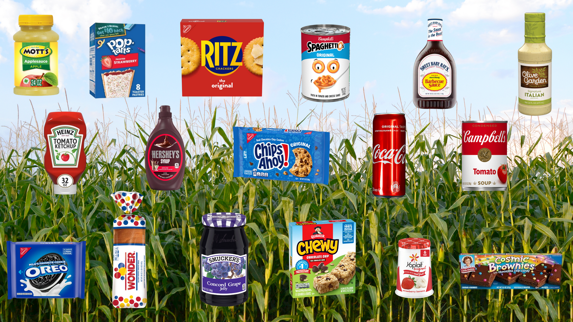 Assortment of packaged food products arranged in front of a cornfield background.