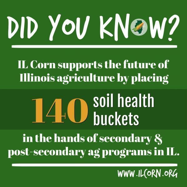 A green sign that says did you know il corn supports the future of illinois agriculture by placing 140 soil health buckets