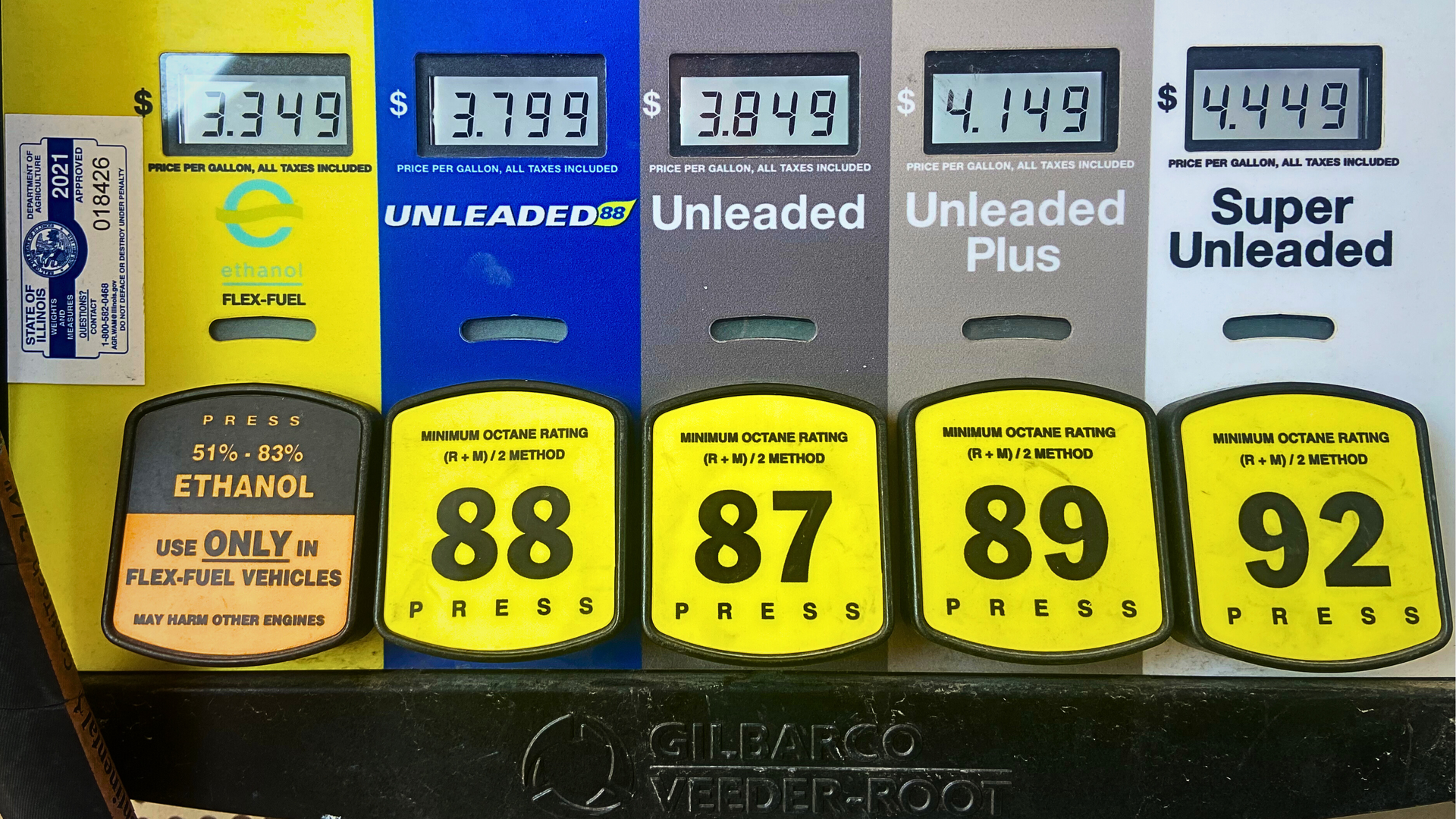 Gasoline price display: Ethanol at $3.349, regular unleaded at $3.799, unleaded at $3.849, plus at $4.149, and super unleaded at $4.449.