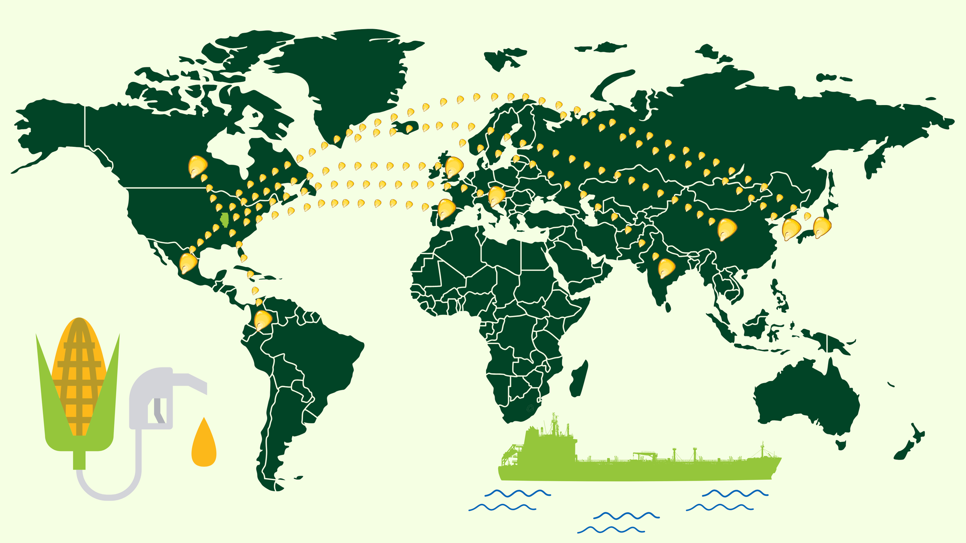 World map showing corn-based biofuel production and transport routes, with a tanker, and a corn graphic.