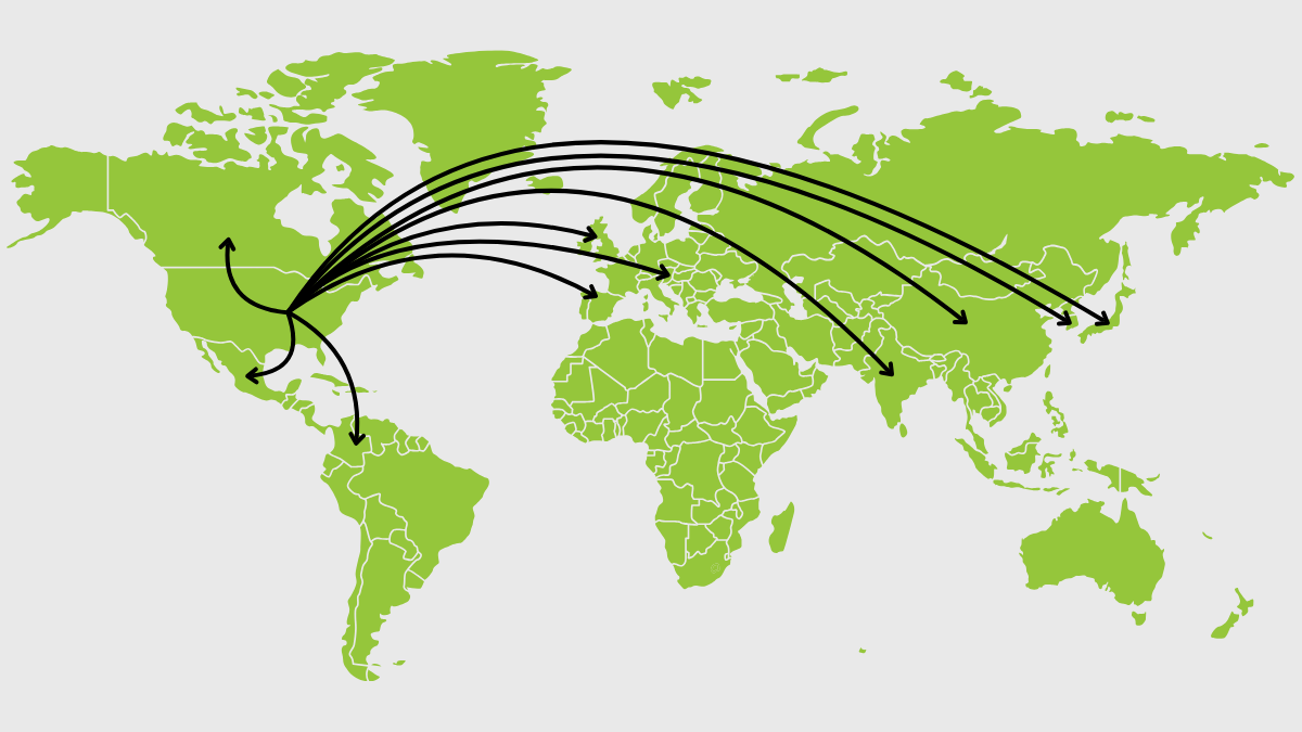 A map of the world with arrows pointing in different countries that Illinois trades with