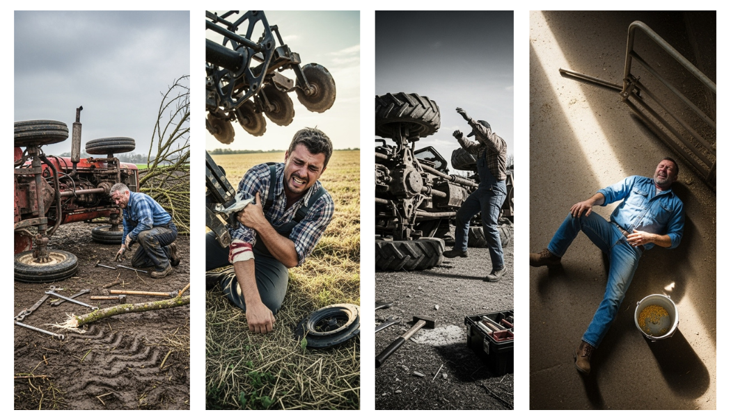 Four images of a farmer injured while working on equipment. He is shown near tractors and tools in a field and a barn.