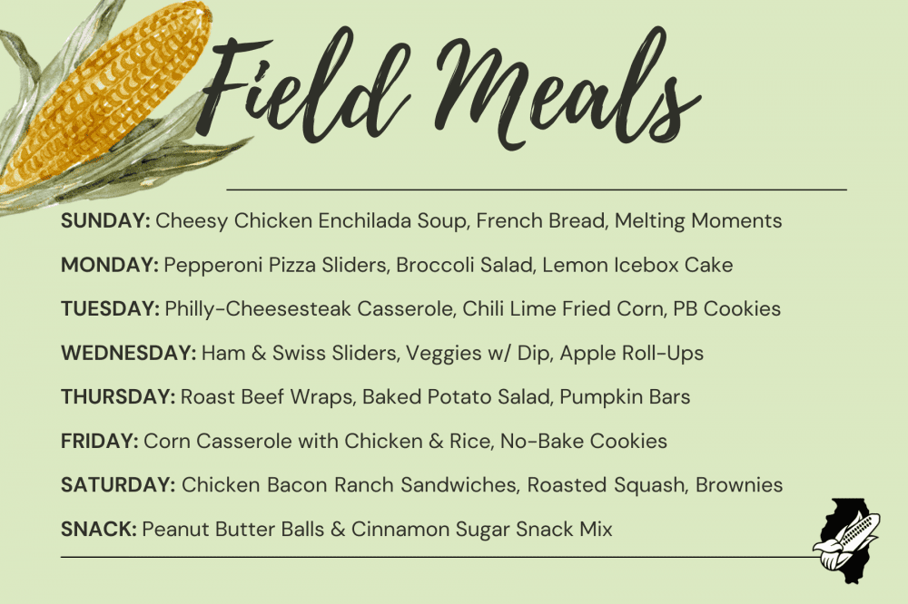 A list of field meals for each day of the week