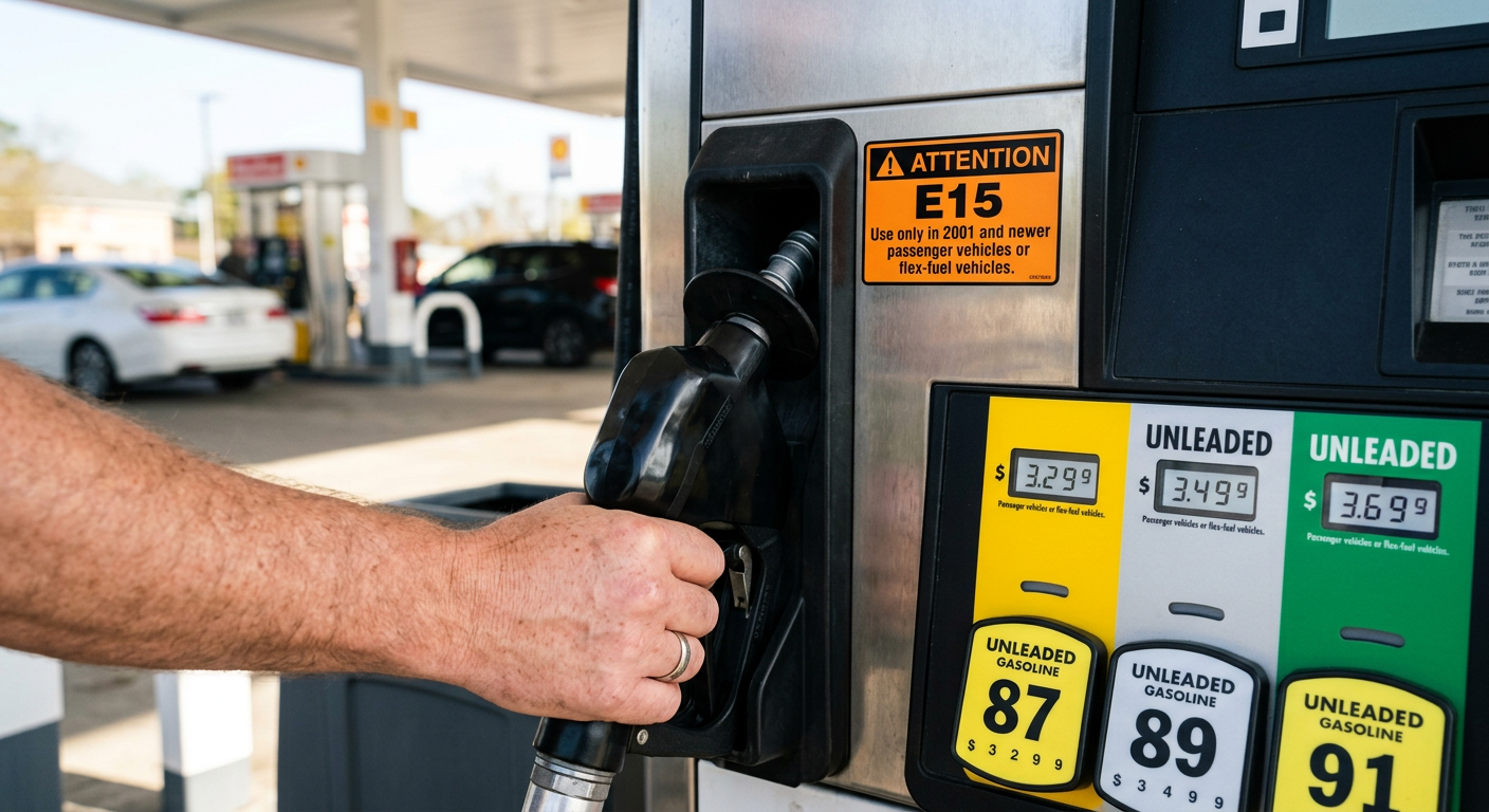 A hand reaches for a gas pump nozzle at a station with fuel grade buttons labeled 87, 89, and 91.