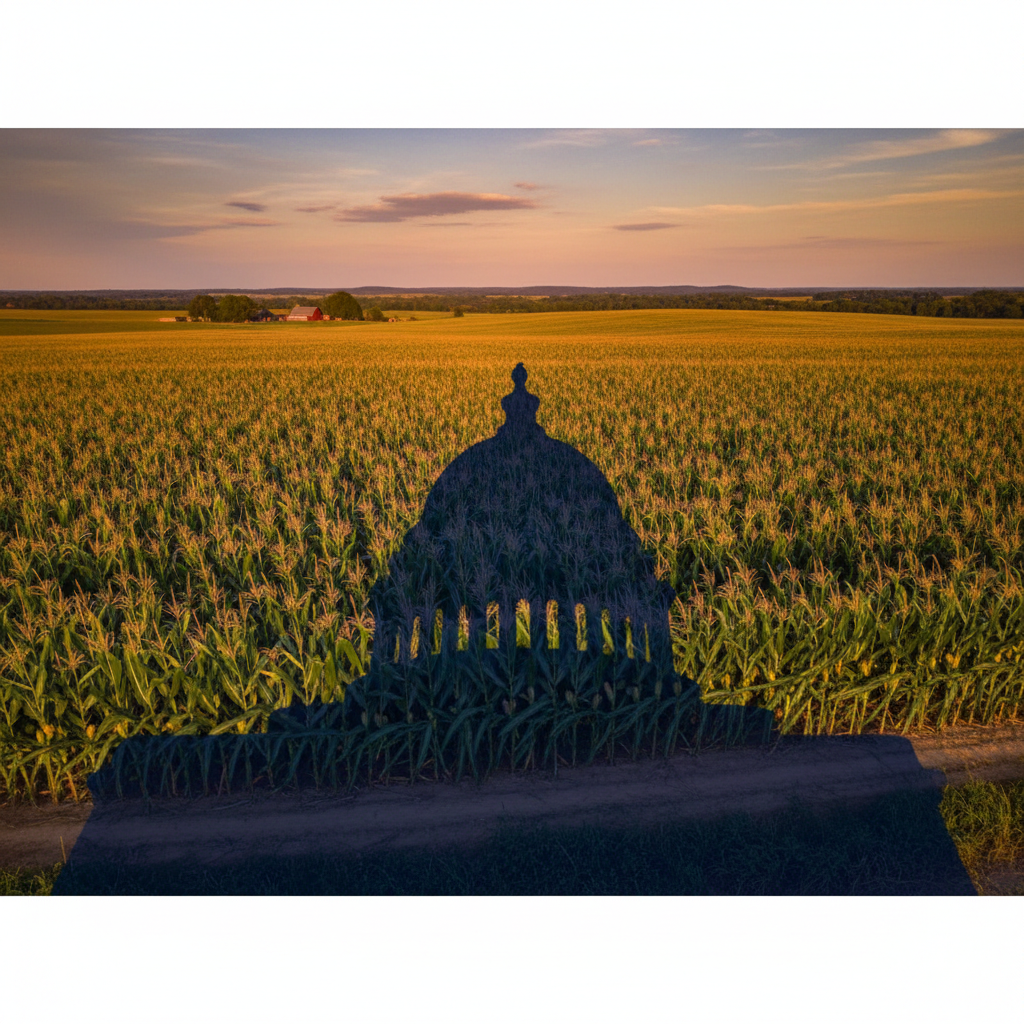 Shadow of a dome-shaped building cast over a cornfield at sunset.