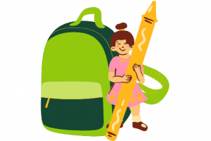 A little girl is holding a large pencil in front of a green backpack.