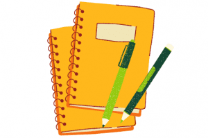 A stack of notebooks with pencils on top of them